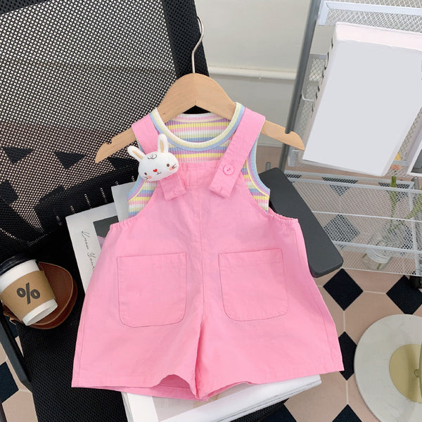 Cute Baby Girl Striped Vest Bunny Tail Overalls Suit