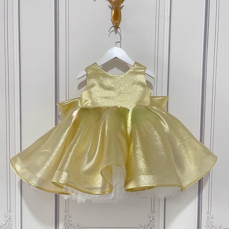 Baby Girl Gold Shiny Sleeveless Bow-knot Pageant Princess Dress