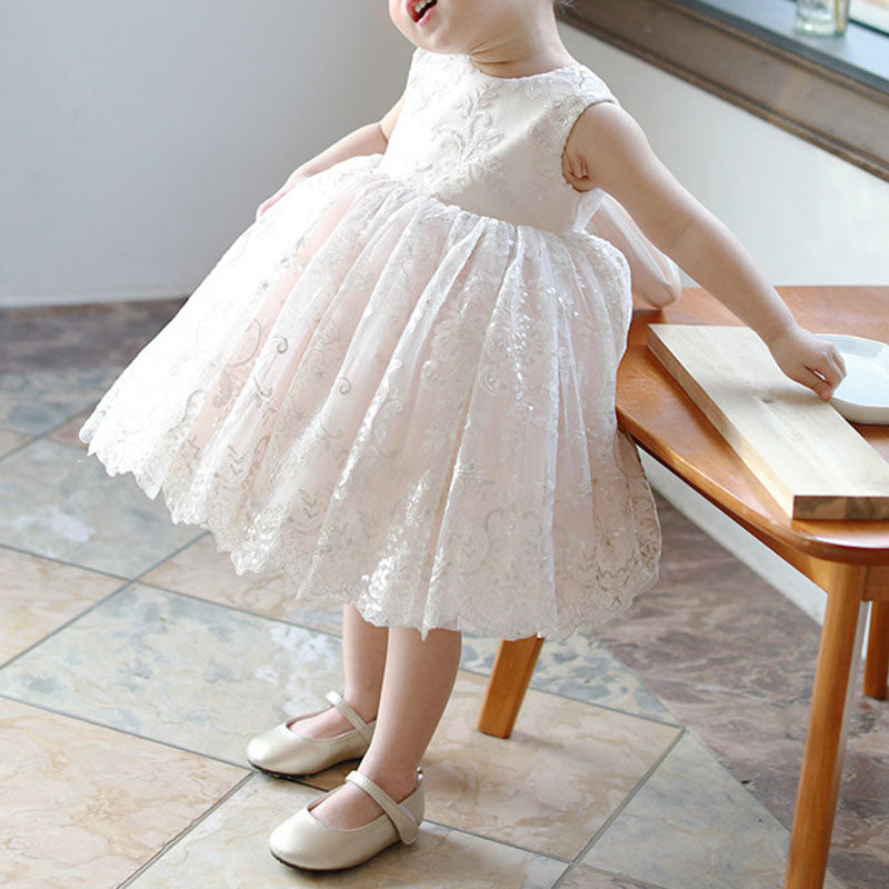 Sweet Baby Girls Sleeveless White Patterned Mesh Puffy Princess Dress Toddler Baptism Dresses