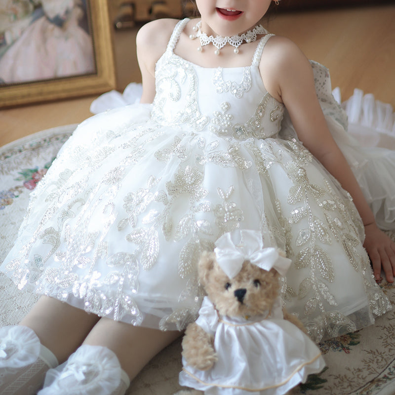 Elegant Flower Girl White Dress Toddler Birthday Pageant Princess Dress