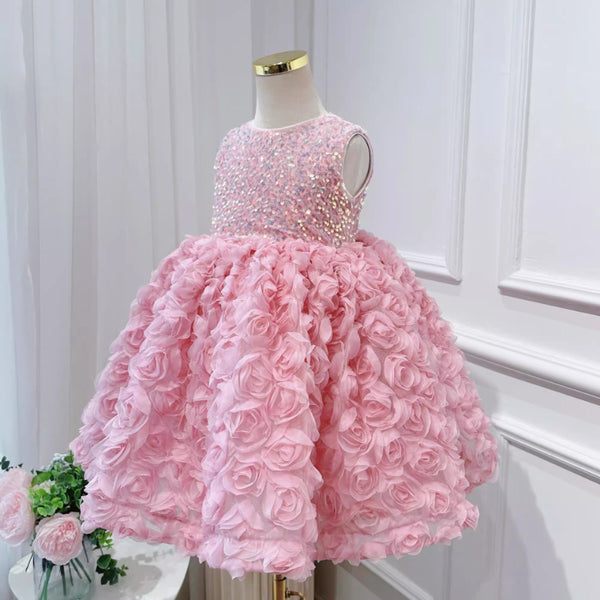 Elegant Baby Girls Sleeveless Three-dimensional Rose Formal Dresses Toddler Party Dresses Princess Dress