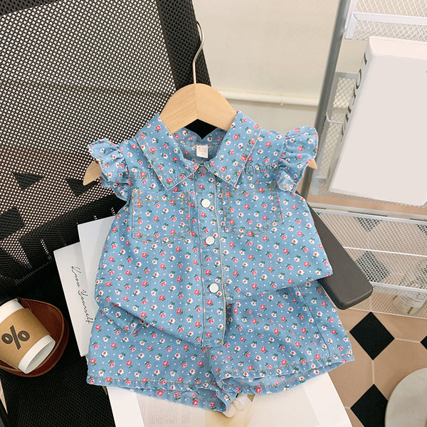 Cute Girl's Royal Blue Floral Denim Suit