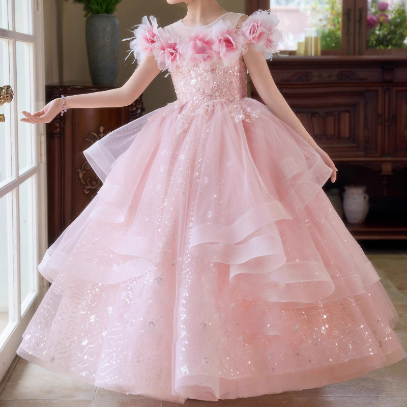 Pink Girls Birthday Dress Flower Girl Puff Dress Children's Party Dress