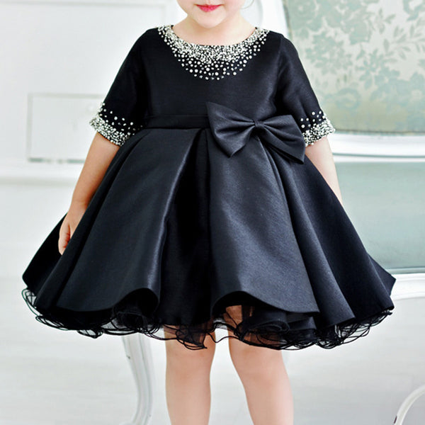 Elegant Baby Girls Black Bow Puff First Birthday Princess Dress Toddler Prom Dress