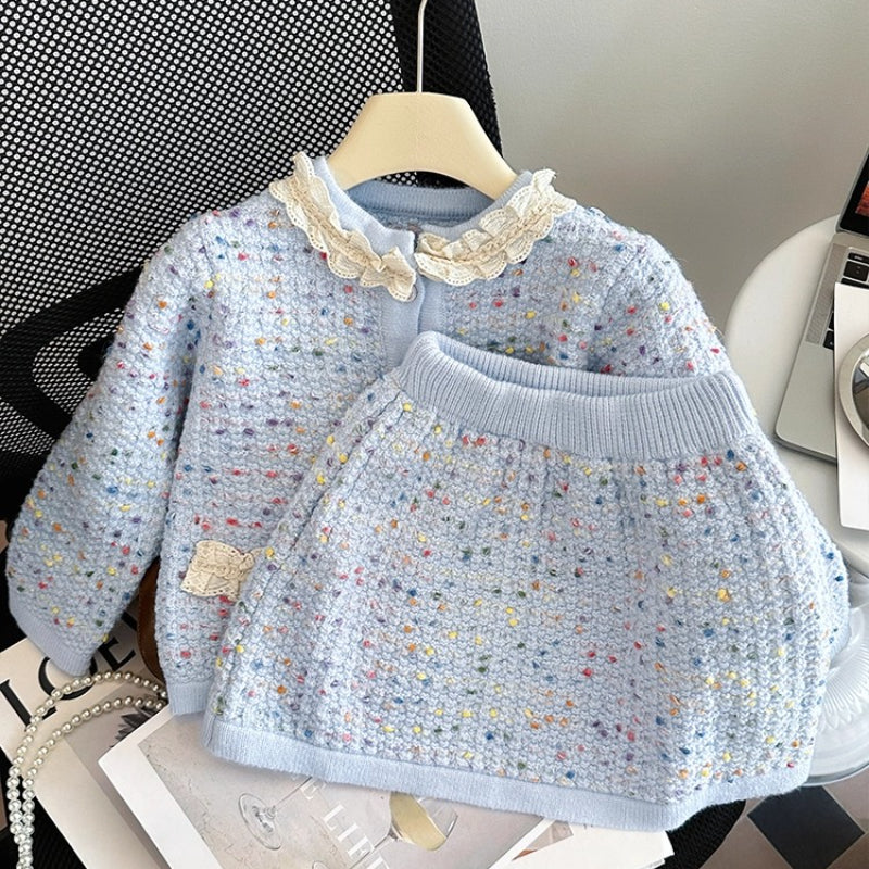 Girls' Knitted Cardigan Jacket and Short Skirt Two-piece Set