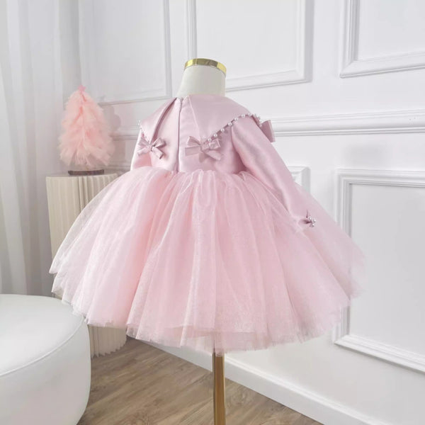 Cute Baby Pink Bow Mesh Evening Prom Dress Toddler Christening Dress