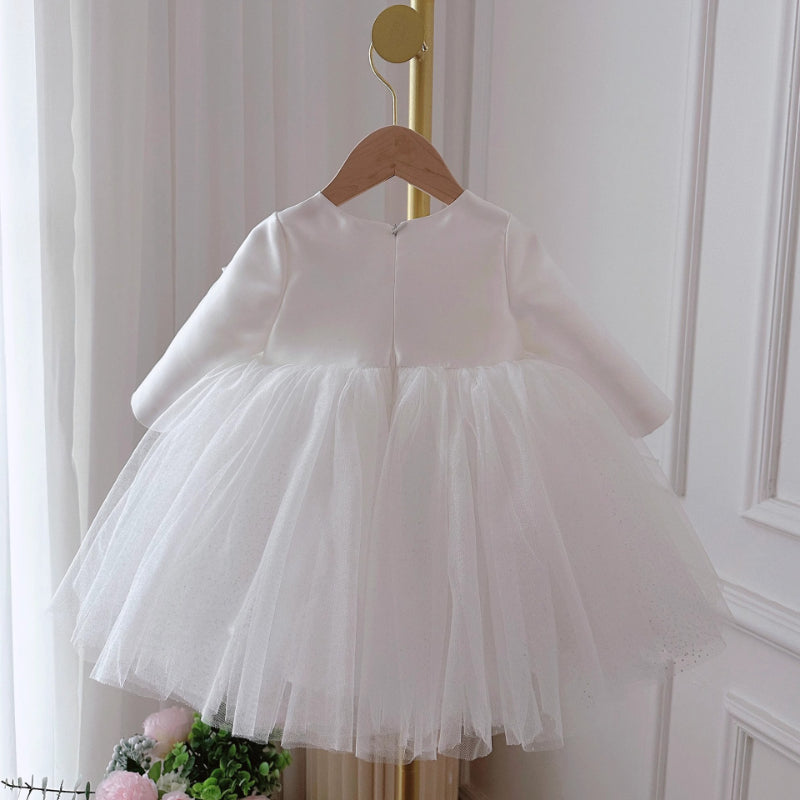 Cute Baby Long-sleeved Oversized Bow White Gauze Dress Toddler Birthday Princess Dress