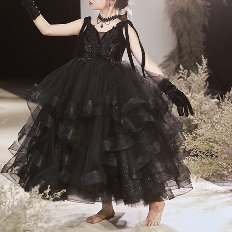 Elegant Baby Girls Black Strapless Tulle Ball Gown Toddler