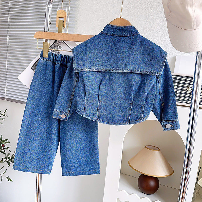 Girls Lapel Denim Suit Children's Two-piece Suit