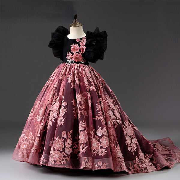 Elegant Baby Girls Black Puff Sleeve Floral Floor-length Princess Dress Toddler Party Dresses