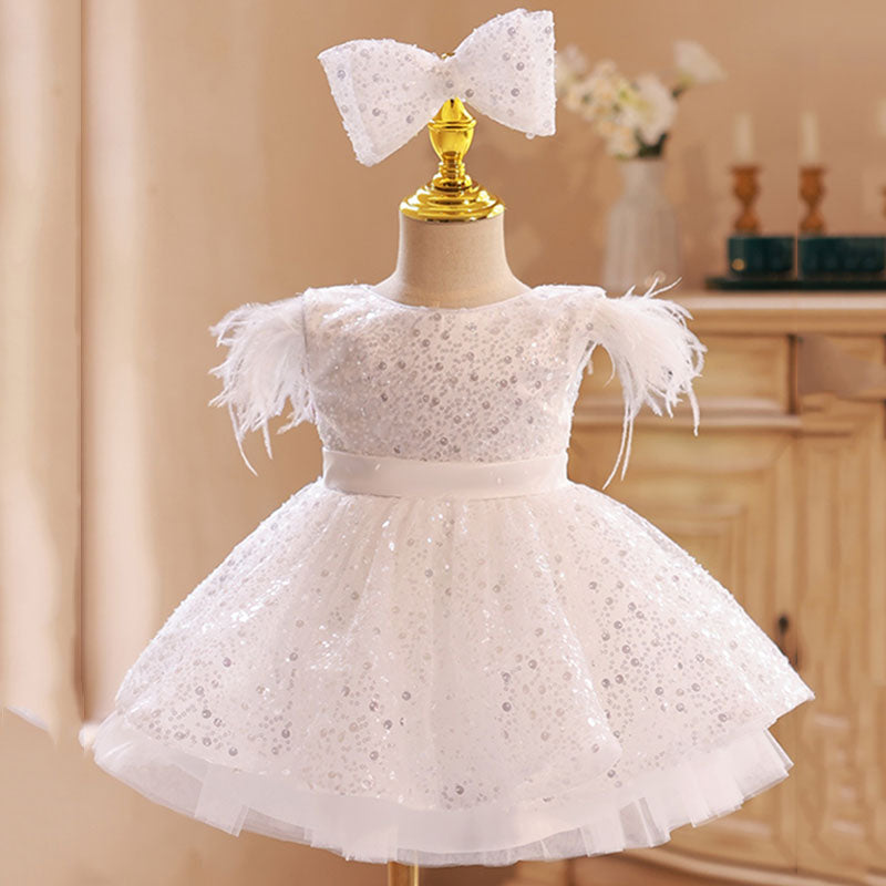 Cute Flower Girl Sleeveless Fringe Removable Bow Sequins Princess Dress