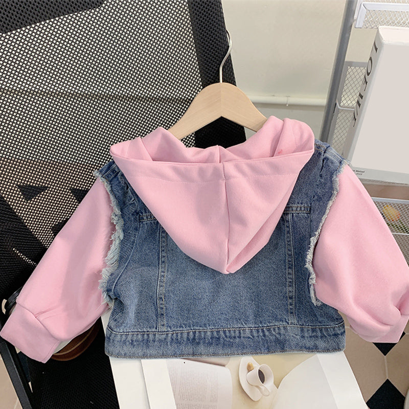 Cute Baby Girl Hooded Patchwork Denim Sweatshirt