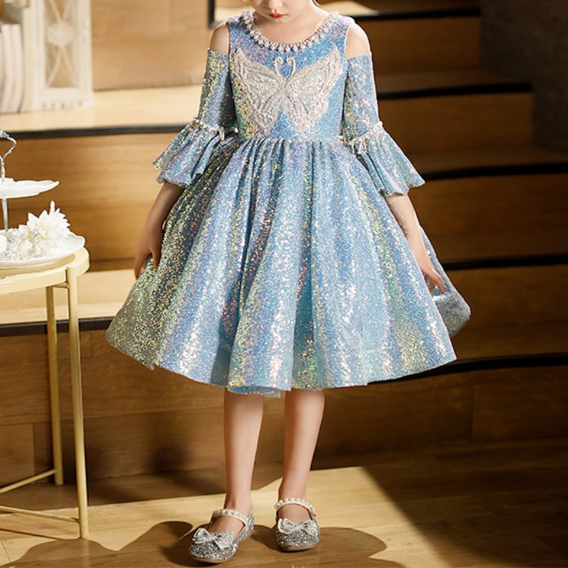 Girl Child Shoulder Cutout Trumpet Sleeve Pearl Sequins Princess Dress