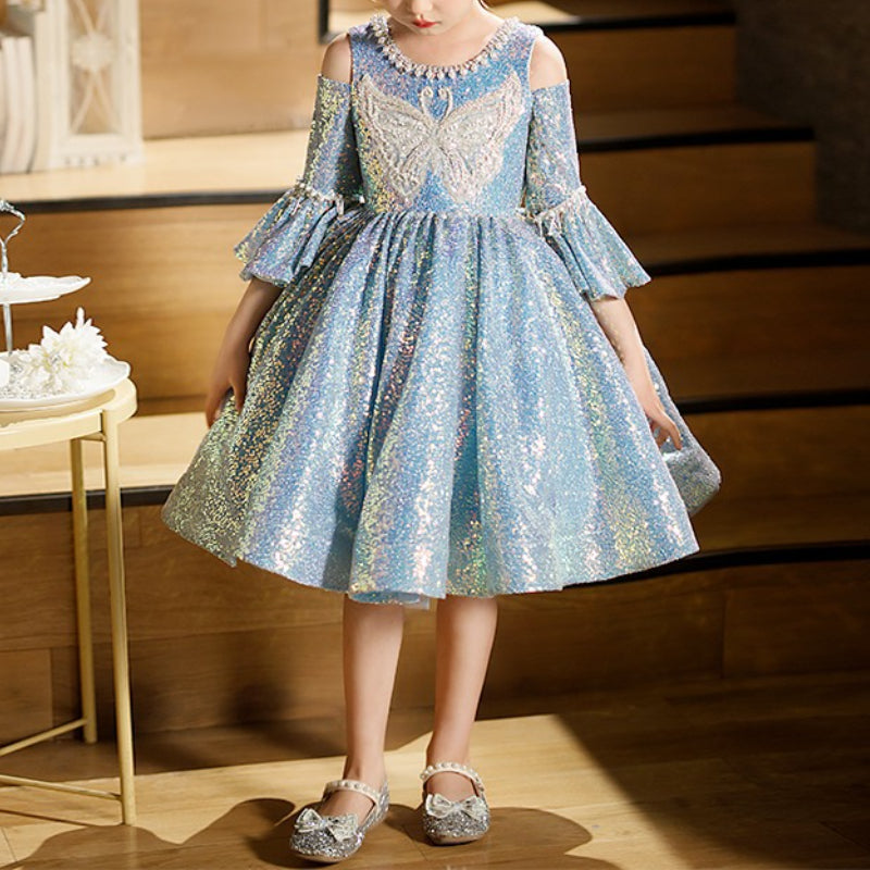 Girl Child Shoulder Cutout Trumpet Sleeve Pearl Sequins Princess Dress, Blue / 5-6 Years (130cm) Girl Child Shoulder Cutout Trumpet Sleeve Pearl Sequins Princess Dress, Blue / 5-6 Years (130cm)