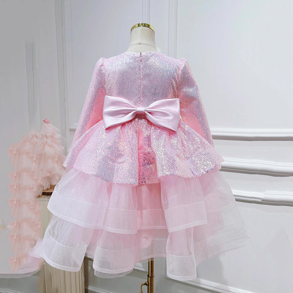 Elegant Baby Girls Pink Long Sleeve Sequin Cake Dress Girls New Year's Dress