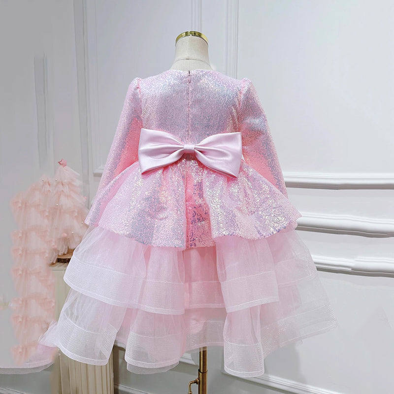 Elegant Baby Girls Pink Long Sleeve Sequin Cake Dress Girls New Year's Dress