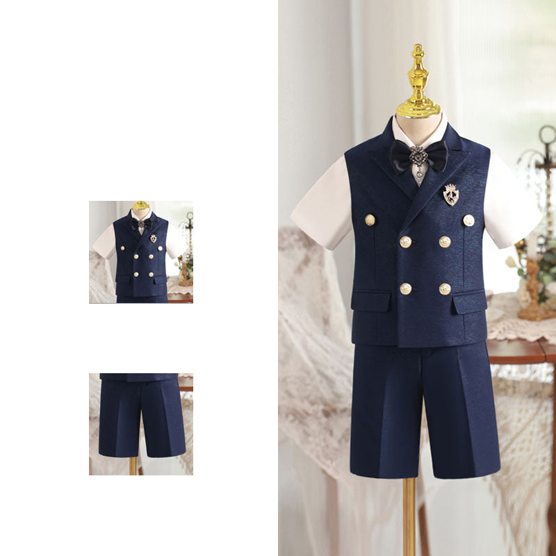 Boys Bow Tie Vest Double Breasted Waist Suit Set