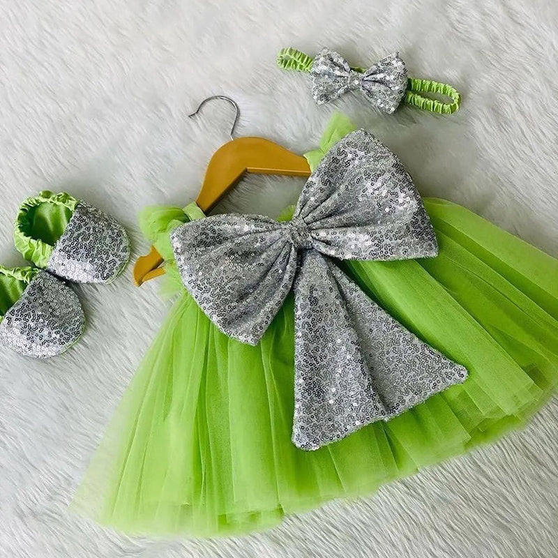 Cute Baby Girl  Baptism Dress Toddler Bow Sequins First Birthday Princess Dress