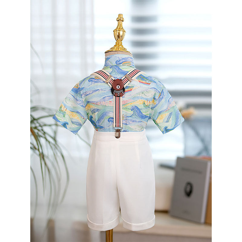 Boy Summer Baby Flower Shirt Overalls British Suit Set