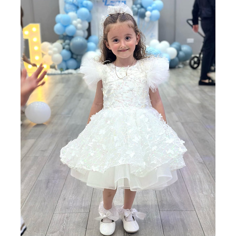Girls Birthday White Butterfly Dress Girls Sequined Puffy Princess Dress
