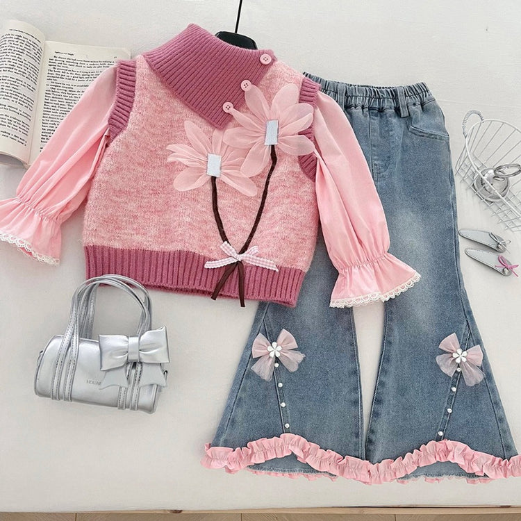 Girls' Autumn Floral Vest Shirt and Flared Jeans Three-Piece Set