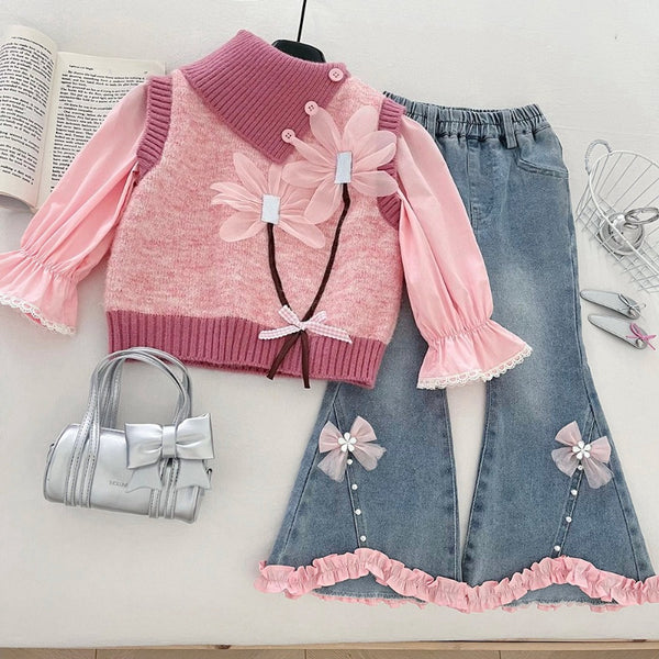 Girls' Autumn Floral Vest Shirt and Flared Jeans Three-Piece Set