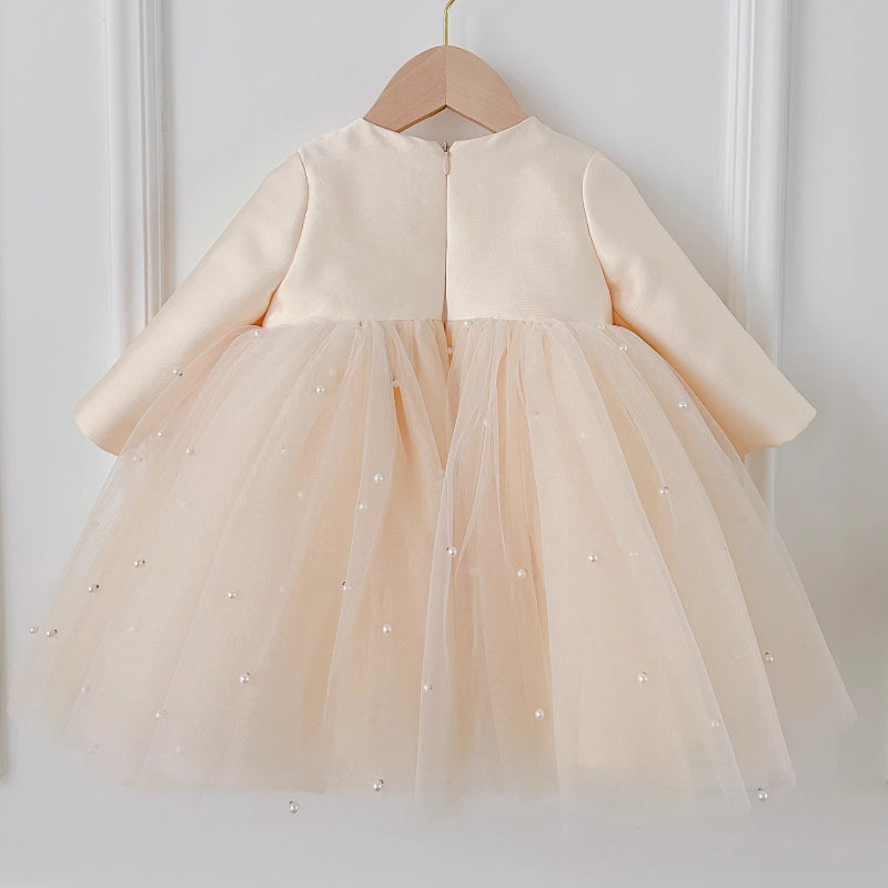 Elegant Baby Girl Long-sleeved High-waist Big Bow Pearl Tulle Dress Toddler First Communion Dress