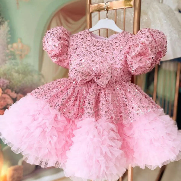 Cute Baby Girl  Baptism Dress Toddler Pink Sequins First Communion Princess Dress