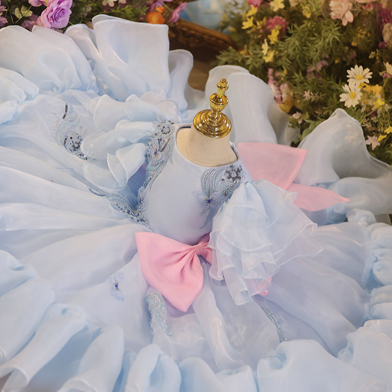 Girls Blue Birthday Dress Children's Puffy Party Princess Dress