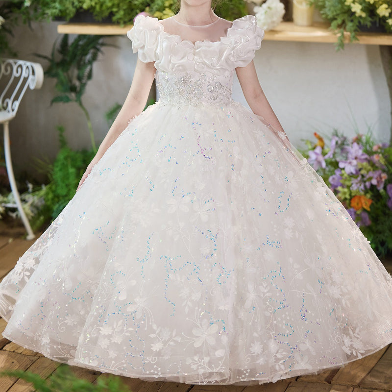 Girls White Birthday Princess Dress Children's Communion Dress Flower Girl Wedding Dress