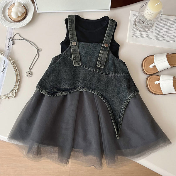 Girls Mesh Patchwork Denim Vest Suspender Skirt Two-piece Set