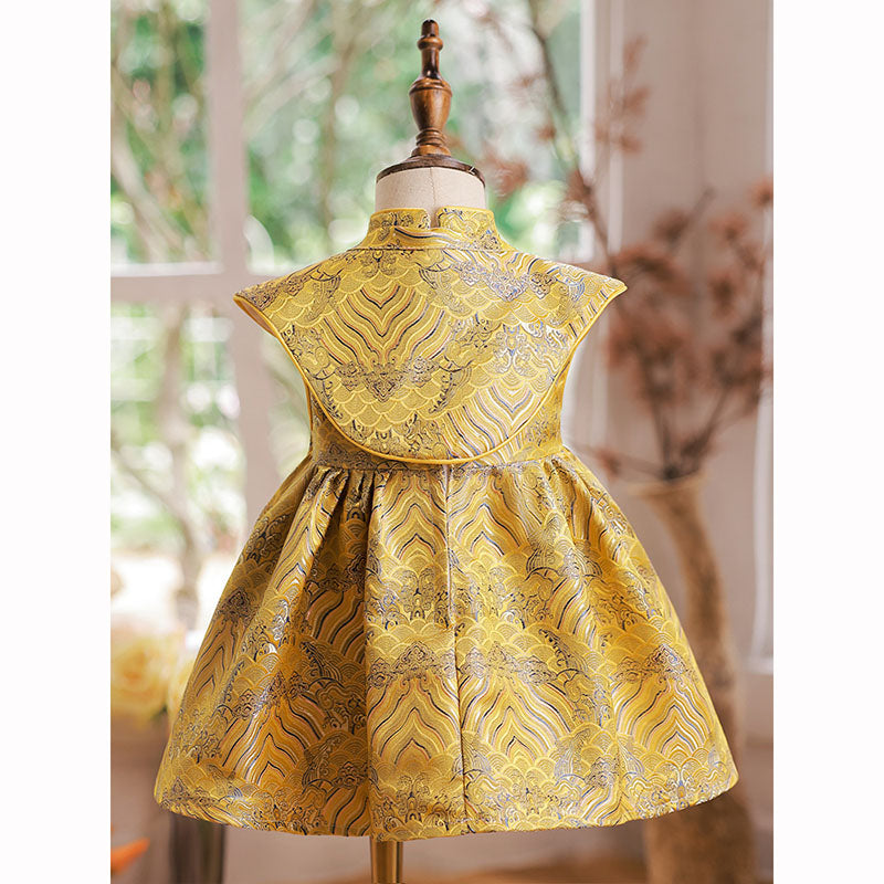 Elegant Baby Girls Yellow Pattern Button Bow Princess Dress Toddler Catwalk Model Dress