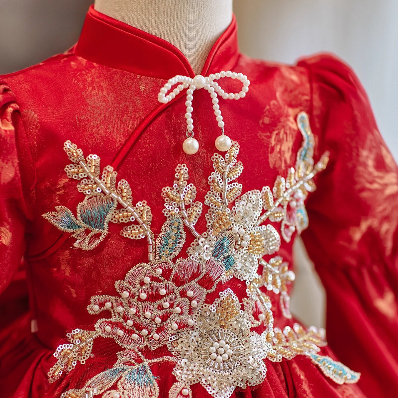 Girls Red Birthday Dress Children Christmas Cheongsam Baby Princess Dress