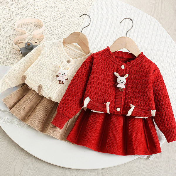 Girls' Cute Cartoon Knitted Cardigan Short Skirt Two-Piece Set