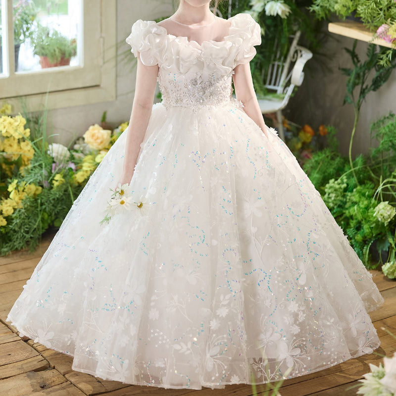 Girls White Birthday Princess Dress Children's Communion Dress Flower Girl Wedding Dress