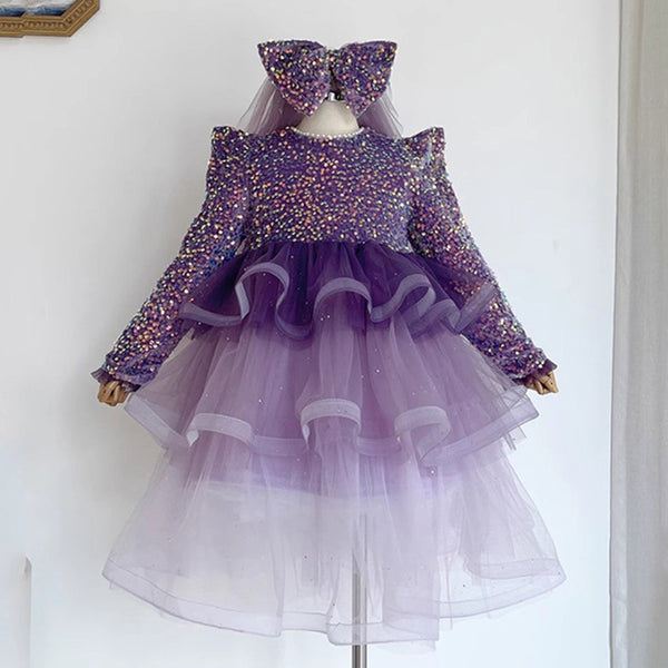 Cute Baby Girl Purple Long Sleeve Sequin Puff Dress Girl Toddler Prom Dress