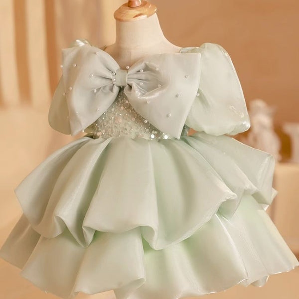 Elegant Baby Girls Green Puff Sleeve Beauty Pageant Dress Toddler Birthday Costume Princess Dress