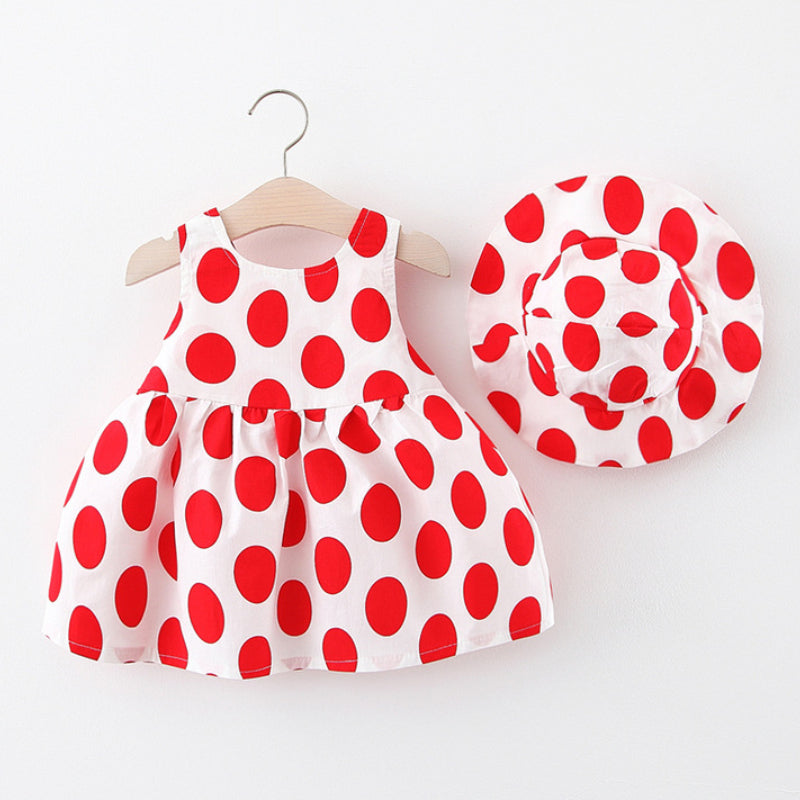 Summer Girls Polka Dot Dress Baby Hat Suspender Dress