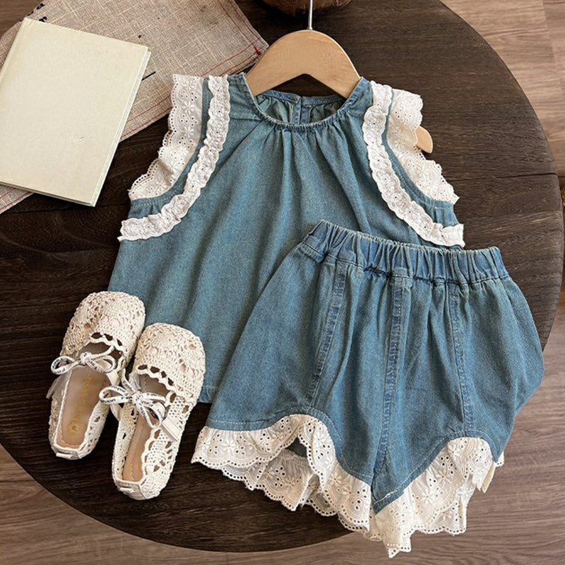 Cute Baby Girl Lace Vest Shorts Suit