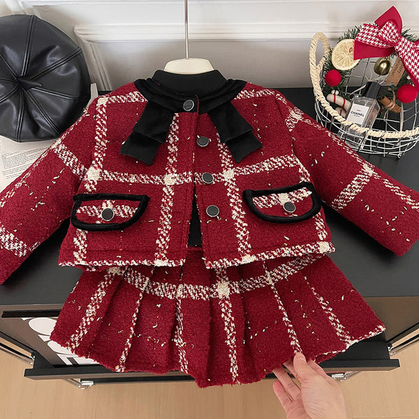 Cute Baby Girl Christmas Red Plaid Two-piece Set