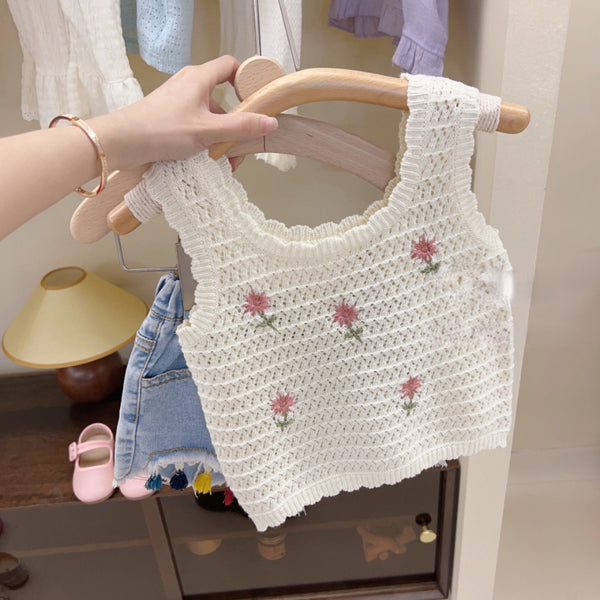 Baby Girl Rose Knitted Vest Children's Denim Shorts Two-piece Set