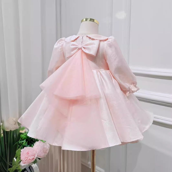 Elegant Baby Pink Doll Collar Puff Long Sleeve Patterned Princess Dress Toddler Pageant Dresses
