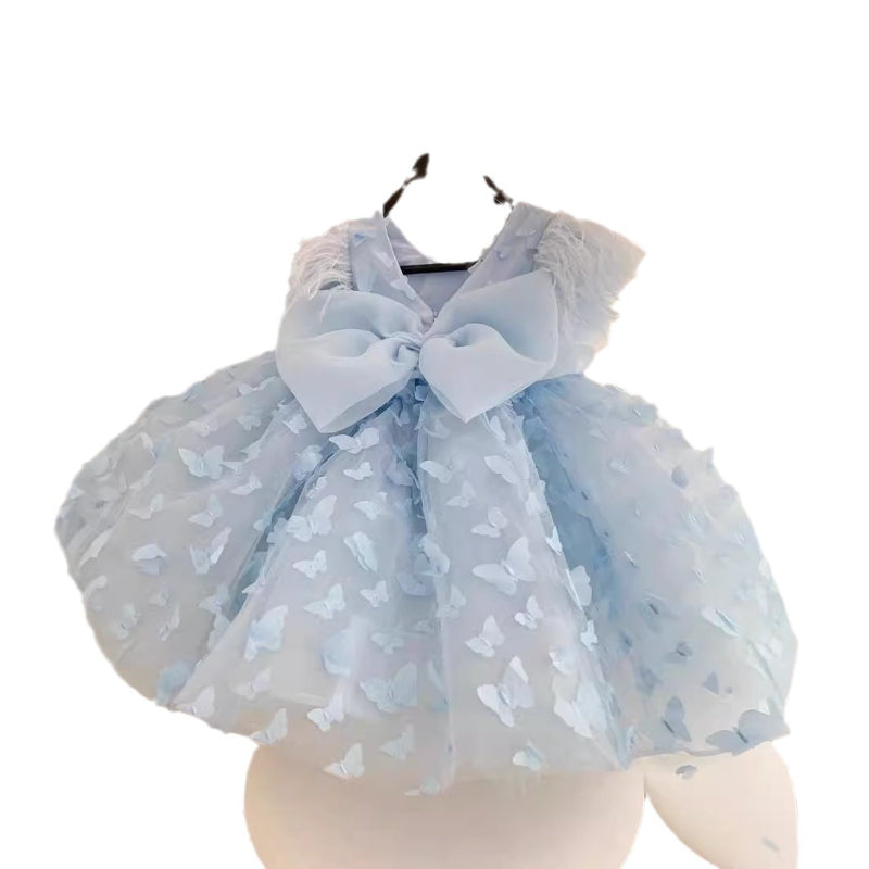 Cute Girl Blue Sleeveless Butterfly Mesh Dress for Toddlers One Year Old Princess Dress