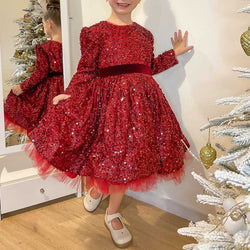 Toddler Girl Dress Cute Wine Red Sequins Long sleeve Birthday Party Dress