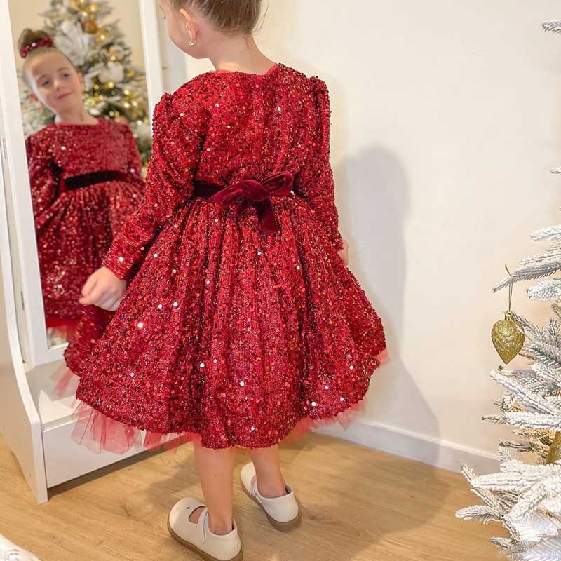 Toddler Girl Dress Cute Wine Red Sequins Long sleeve Birthday Party Dress