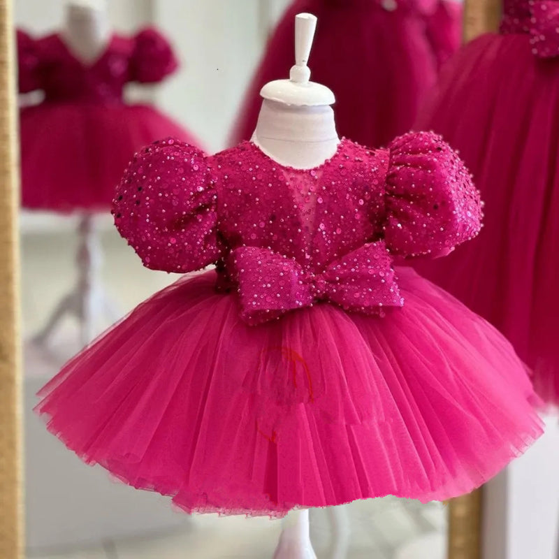 Elegant Baby Girls Purple Puff Sleeve Bow Puff Dress Toddler Prom Dress