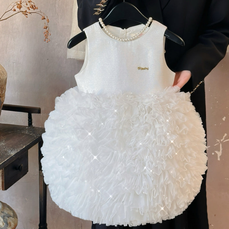 Girls Birthday Princess Dress White Flower Girl Puffy Dress