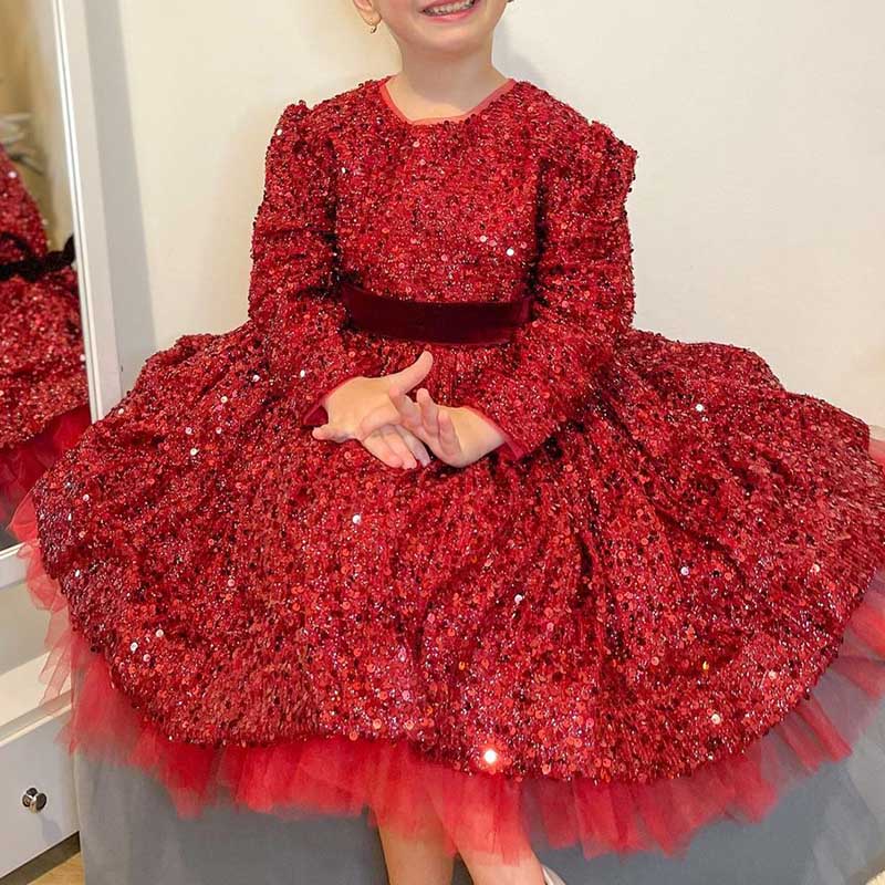Toddler Girl Dress Cute Wine Red Sequins Long sleeve Birthday Party Dress