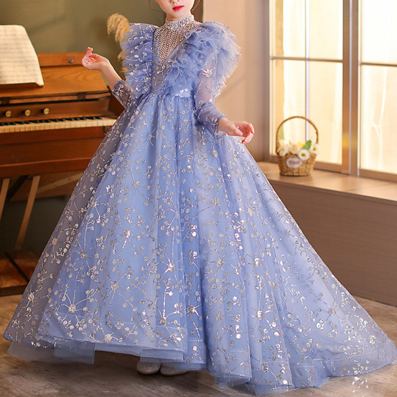 Blue Girls Evening Dress Princess Dress Children Wedding Dress Trailing Dress