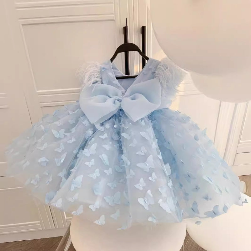 Cute Girl Blue Sleeveless Butterfly Mesh Dress for Toddlers One Year Old Princess Dress